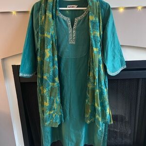 Fabindia Teal Kurta with Floral Accents